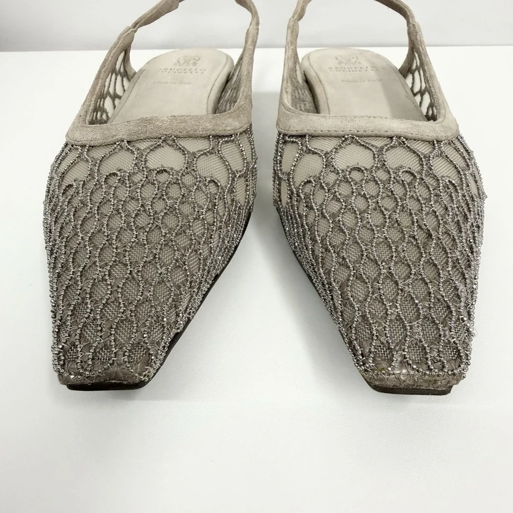 Brunello Cucinelli Monili Mesh Slingbacks Flats Shoes Taupe Suede 37 1/2 7.5 B